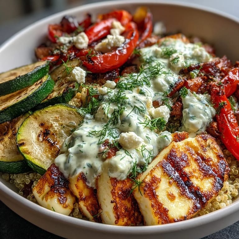 In a white bowl, the Healthy Grilled Mediterranean Bowl displays juicy chicken slices next to vibrant grilled vegetables, a dollop of tzatziki, and parsley.