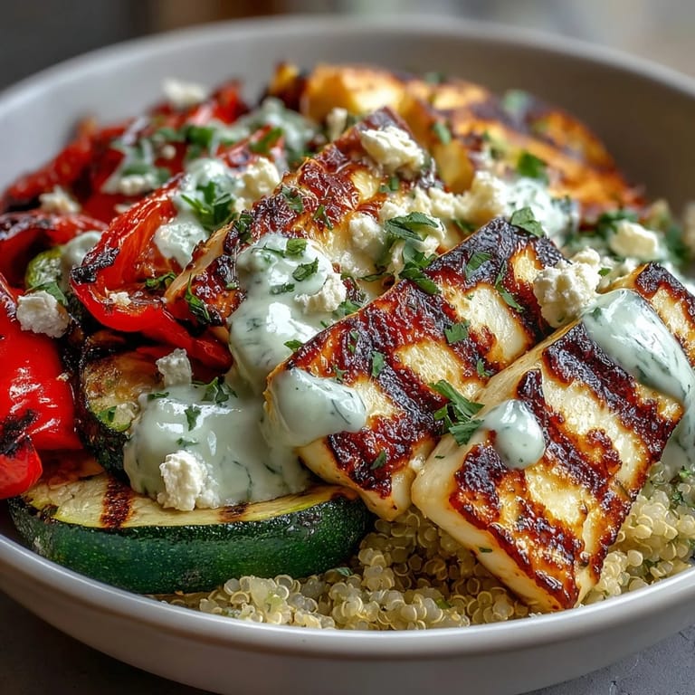 Close-up of a Healthy Grilled Mediterranean Bowl featuring golden halloumi, smoky eggplant, and chickpeas over quinoa, ready to be drizzled with fresh lemon.