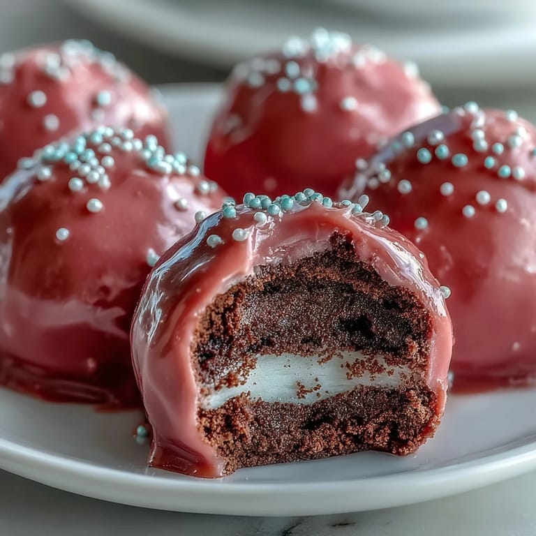 Close-up shot of broken Oreo Truffle Balls, revealing the creamy Oreo and cream cheese filling inside the crunchy candy shell.