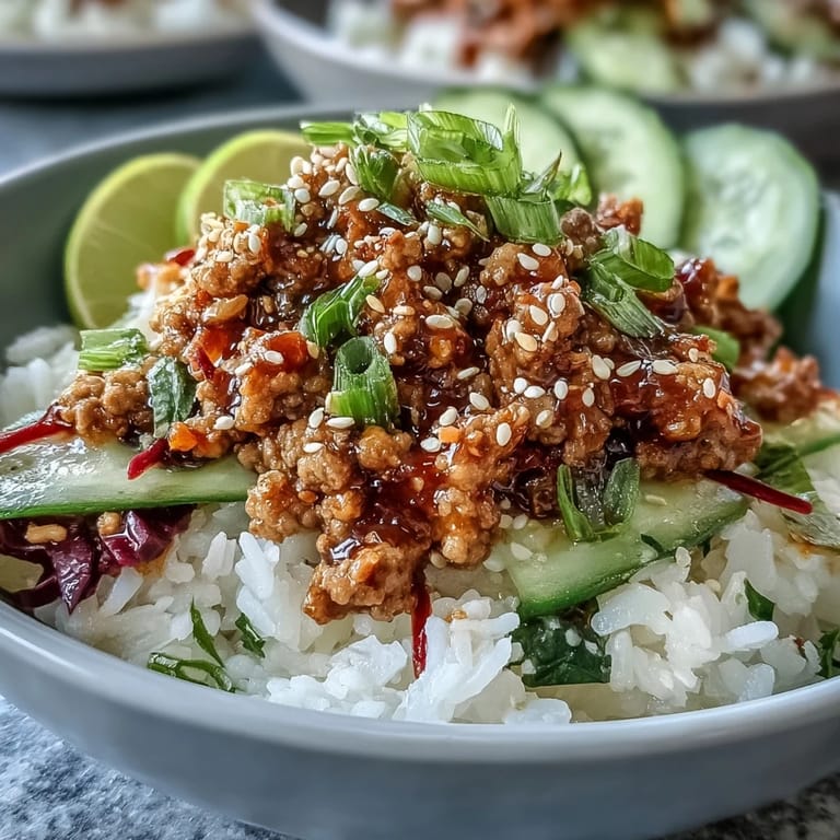 Sizzling ground turkey coated in tangy bang bang sauce served in rice bowls with cabbage and sesame seeds.