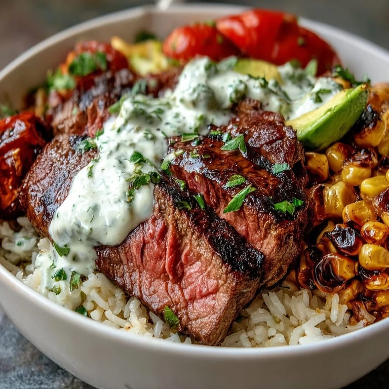 Sliced steak and bright avocado sit atop fluffy rice, smothered in silky cilantro cream sauce for a flavorful meal.