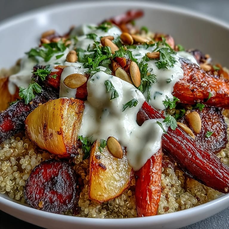 Vivid Roasted Root Vegetable Bowl topped with caramelized parsnips and beets, featuring quinoa and a lemon-tahini drizzle.