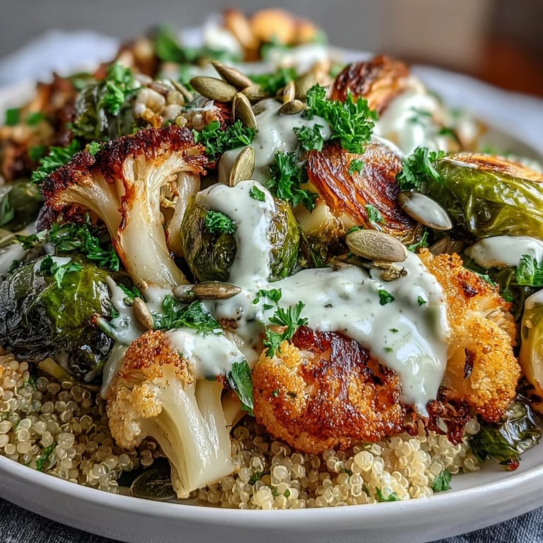 Crispy, caramelized vegetables in a hearty Roasted Brassica Bowl drizzled with creamy tahini-lemon dressing.