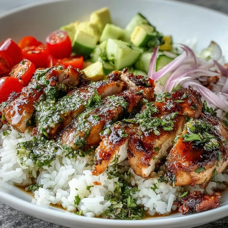 Fresh chimichurri sauce drizzles over vibrant chicken bowls filled with cucumber, red onion, and lime.