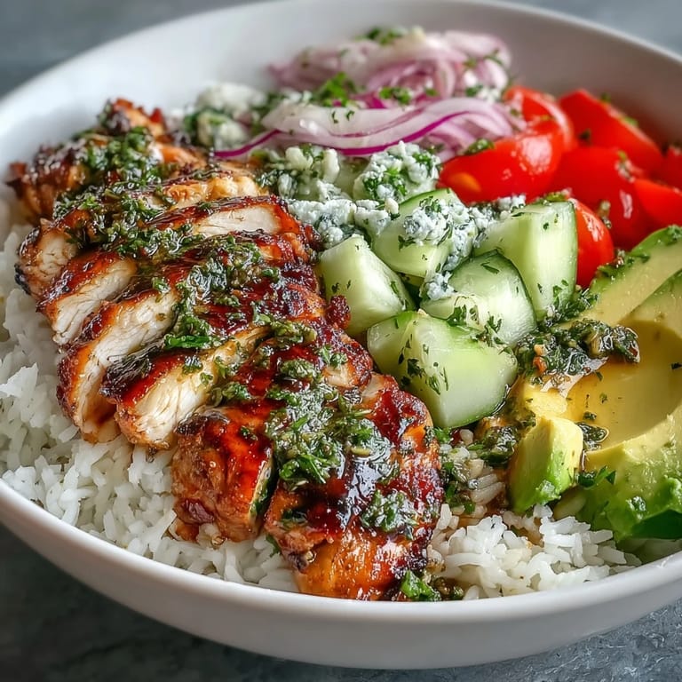 Sizzling chimichurri chicken is served over a bed of rice topped with colorful veggies and herbs.