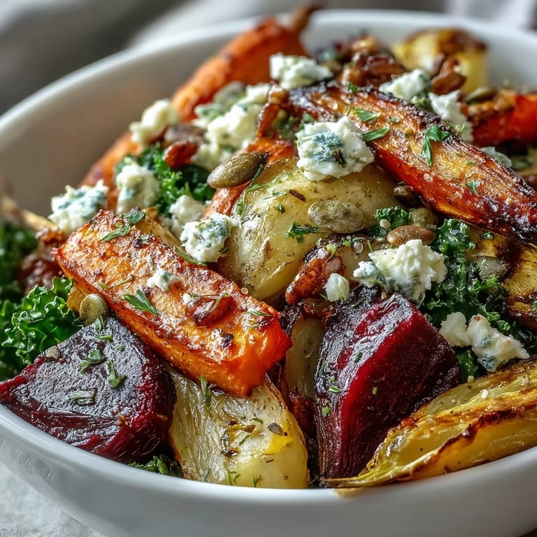 Overhead view of a Winter Root Vegetable Bowl topped with toasted pumpkin seeds and crumbled feta cheese.