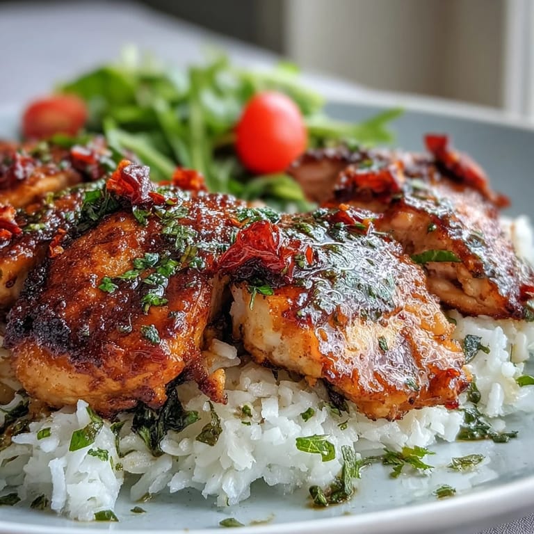 A close-up of a Mediterranean-inspired Sun-Dried Tomato Chicken Bowl featuring juicy chicken, crisp greens, and toasted pine nuts.