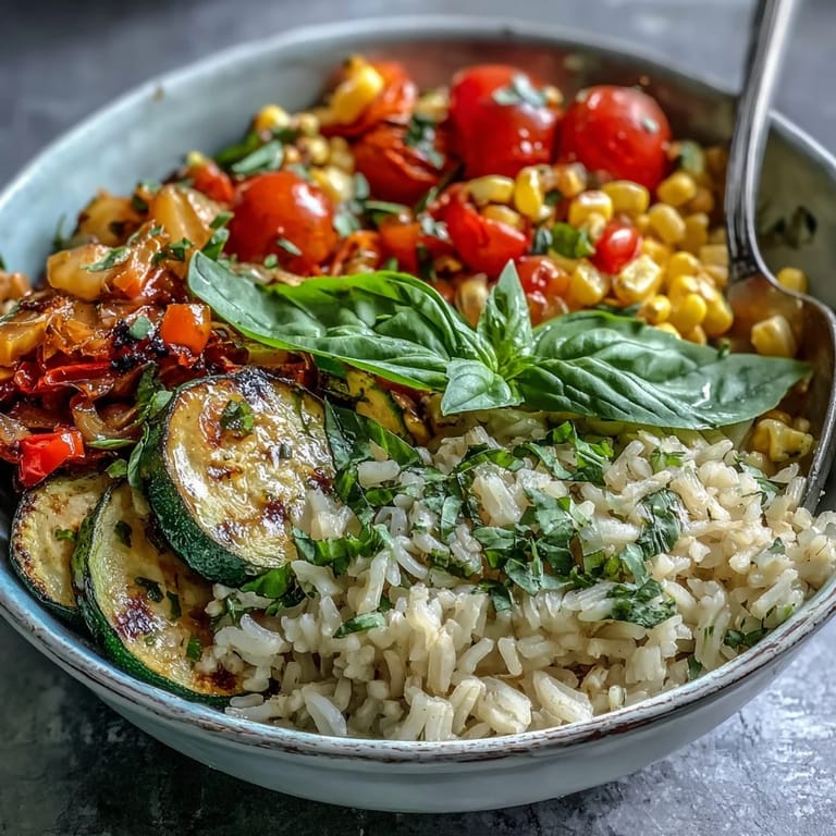 Vibrant Summer Vegetable Bowl with tender zucchini and cherry tomatoes, garnished with torn basil for a fragrant summer meal.