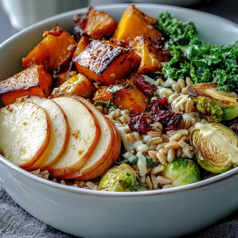 Colorful vegan Fall Vegetable Bowl garnished with pepitas and cranberries, ready to enjoy as a healthy autumn main dish.