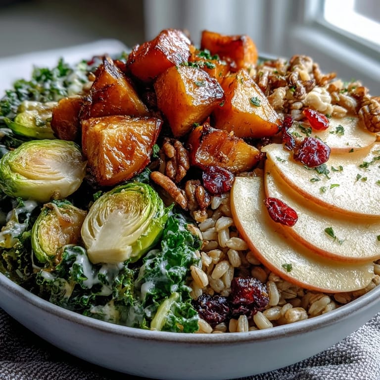 Close-up of the Fall Vegetable Bowl featuring tender grains, roasted vegetables, and fresh herbs, perfect for cozy weeknight dinners.