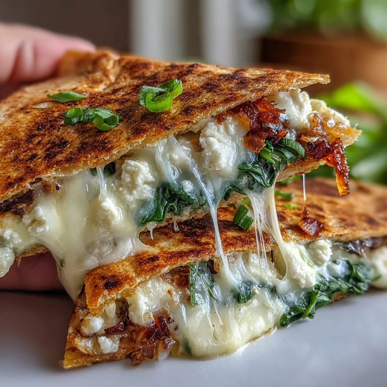 Close-up view of a cheesy Mediterranean quesadilla with crumbled feta and sautéed greens.