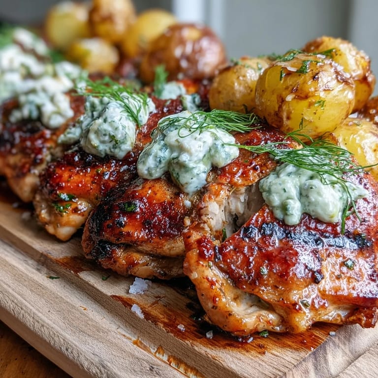 Sliced Spicy Yogurt Marinated Chicken with dill feta cream beside roasted baby potatoes, perfect for a Mediterranean-inspired weeknight meal.