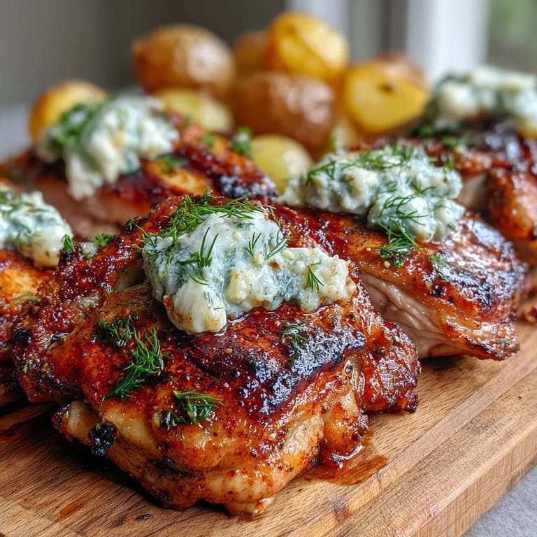 Golden-brown Spicy Yogurt Marinated Chicken thighs plated with tangy dill feta cream and crispy baby potatoes garnished with fresh dill.