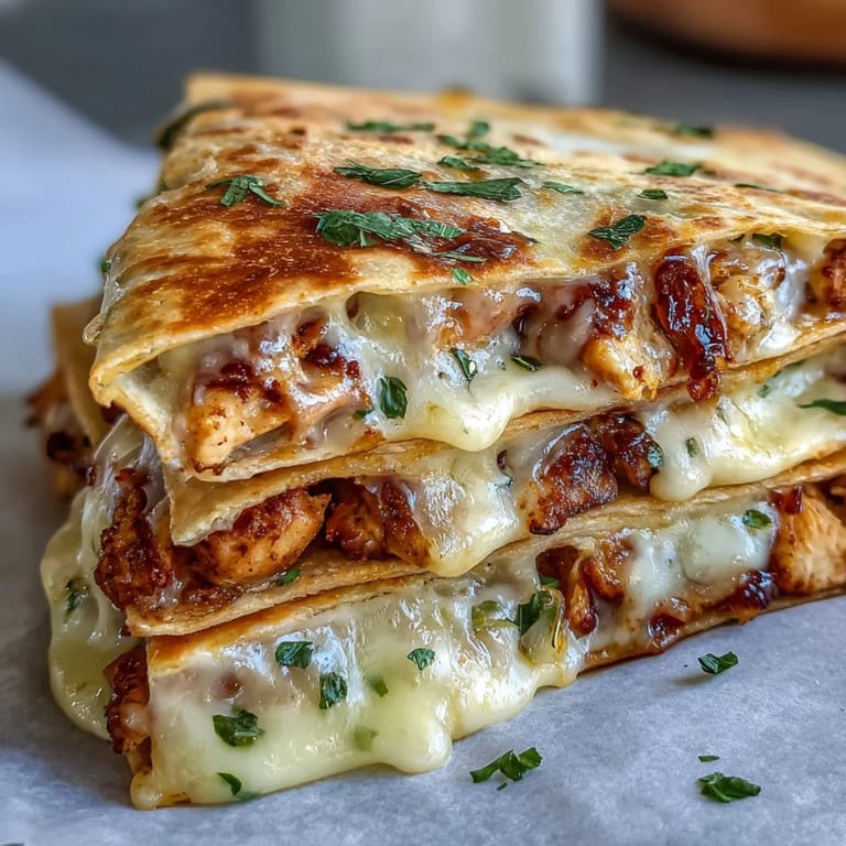 A plate of Cheesy Hot Honey Chicken Quesadillas served with a bowl of jalapeño cream sauce for dipping.
