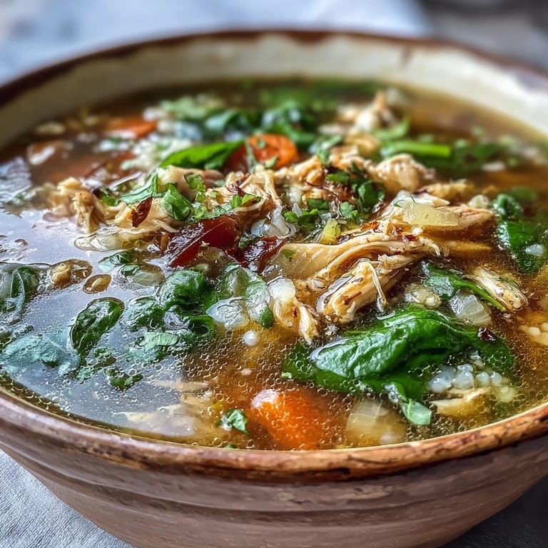 Warming Anti-Inflammatory Turmeric Chicken Soup with tender shredded chicken and fresh spinach.