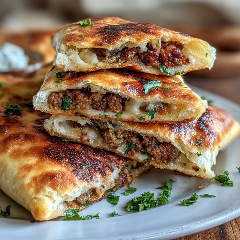 Freshly grilled Lebanese Arayes arranged on a rustic plate, golden pita brushed with olive oil and garnished with vibrant chopped parsley.