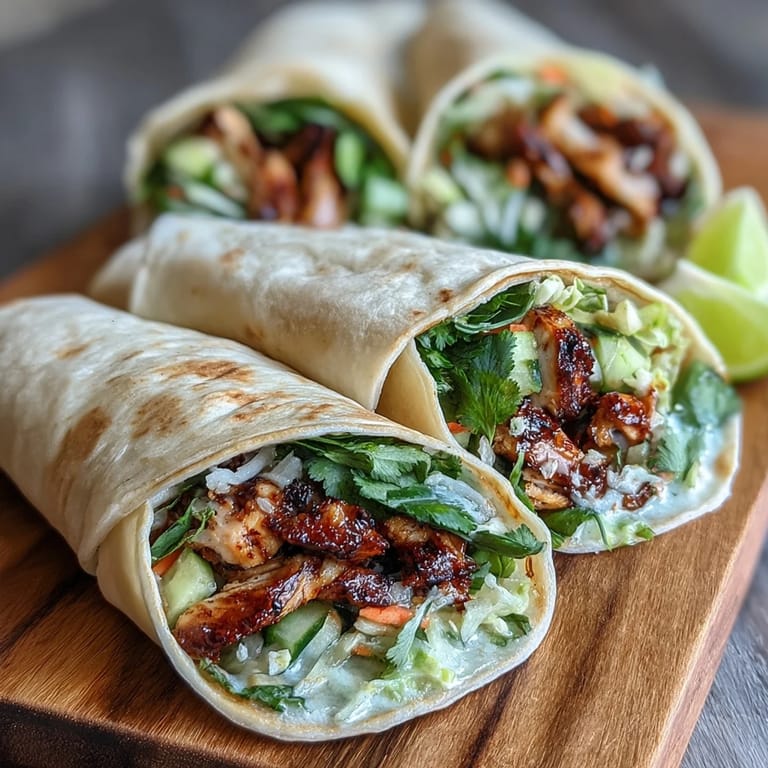 Homemade Sweet Chili Chicken Wraps packed with tender marinated chicken, crunchy vegetables, and cilantro, perfect for a quick and easy weeknight dinner.