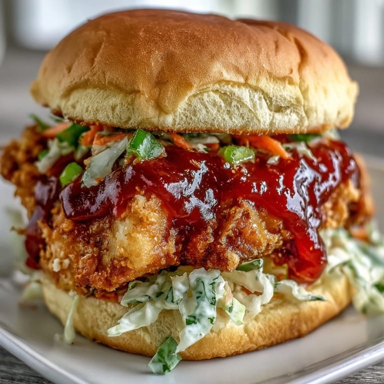 The crispy coating of a Thai Fried Chicken Sandwich shows juicy chicken nestled in a soft toasted brioche bun.