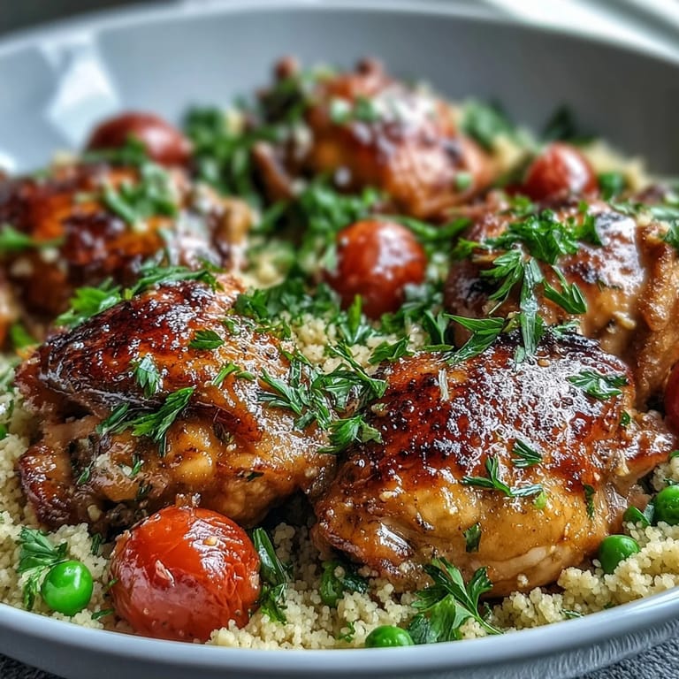 A close-up of One-Pan Garlic Butter Chicken Couscous showing tender chicken pieces and peas mixed into savory couscous.