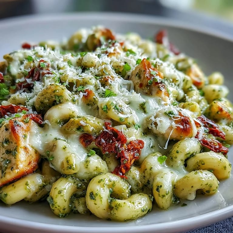 Steaming pot of pesto chicken chili mac topped with extra Parmesan, served in a rustic white bowl.