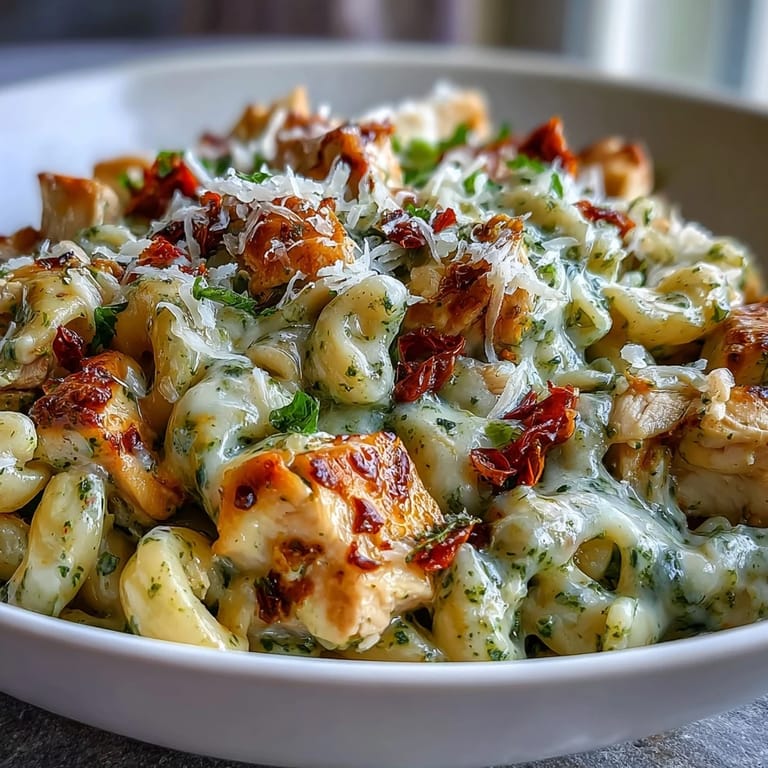 One-bowl comfort food, pesto chicken chili mac with melted cheese and red bell pepper visible, ready to eat.