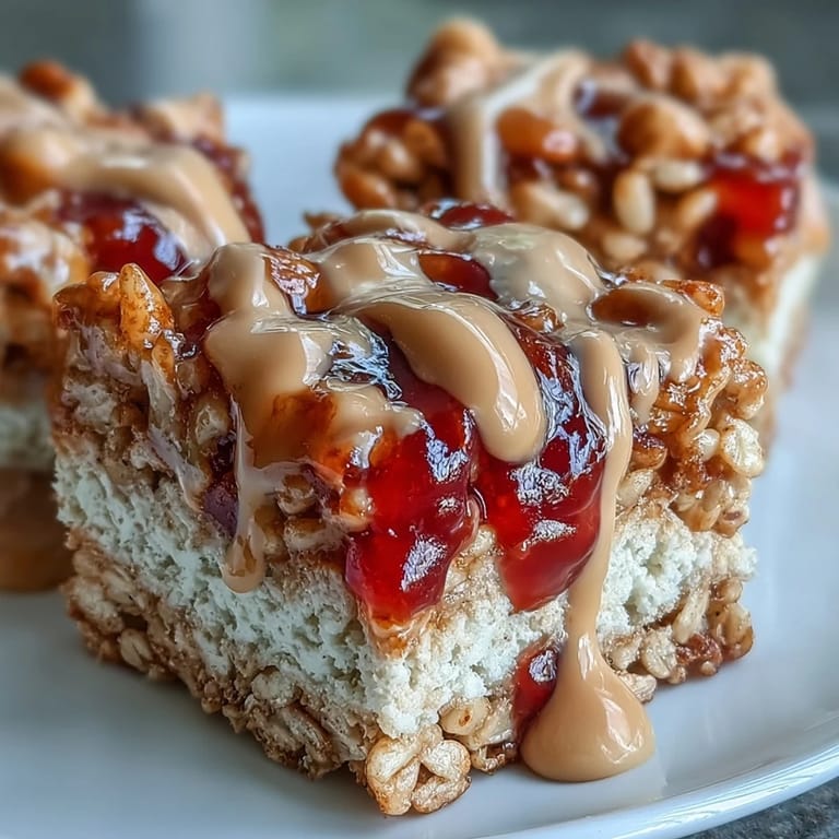 Homemade High-Protein PB&J Rice Krispie Bars stacked high, showing crispy texture and a generous drizzle, perfect for an on-the-go snack.