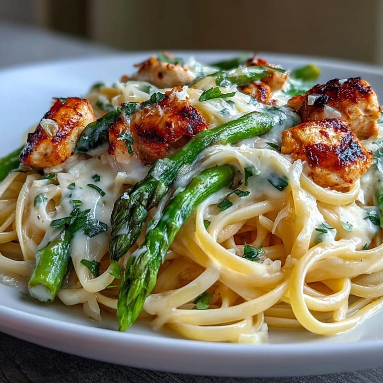 Steaming bowl of Creamy Asiago Chicken & Asparagus Pasta, garnished with cheese and red pepper flakes.
