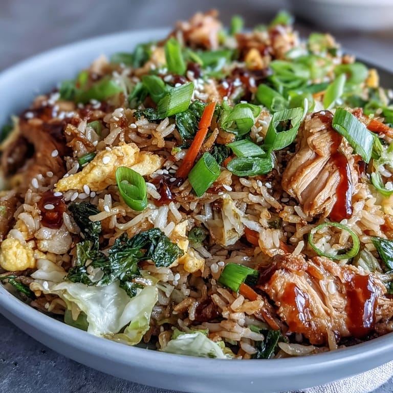 Steaming serving of Egg Roll Fried Rice with Chicken, garnished with fresh green onions, prepared quickly in a hot wok for dinner.