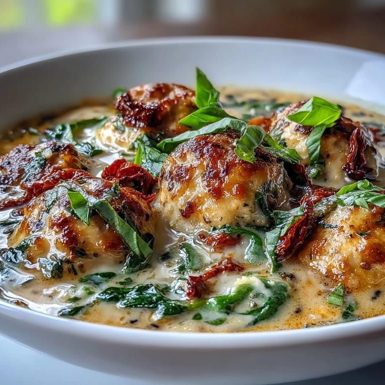 Spoon lifting Creamy Tuscan Turkey Meatball Soup with spinach and sun-dried tomatoes from a rustic stoneware bowl.