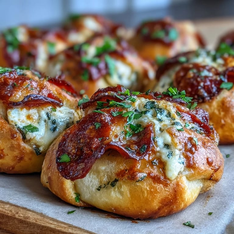 Close-up of a golden, soft Pizza Roll Stuffed Garlic Knot, revealing melted mozzarella and spicy pepperoni inside.