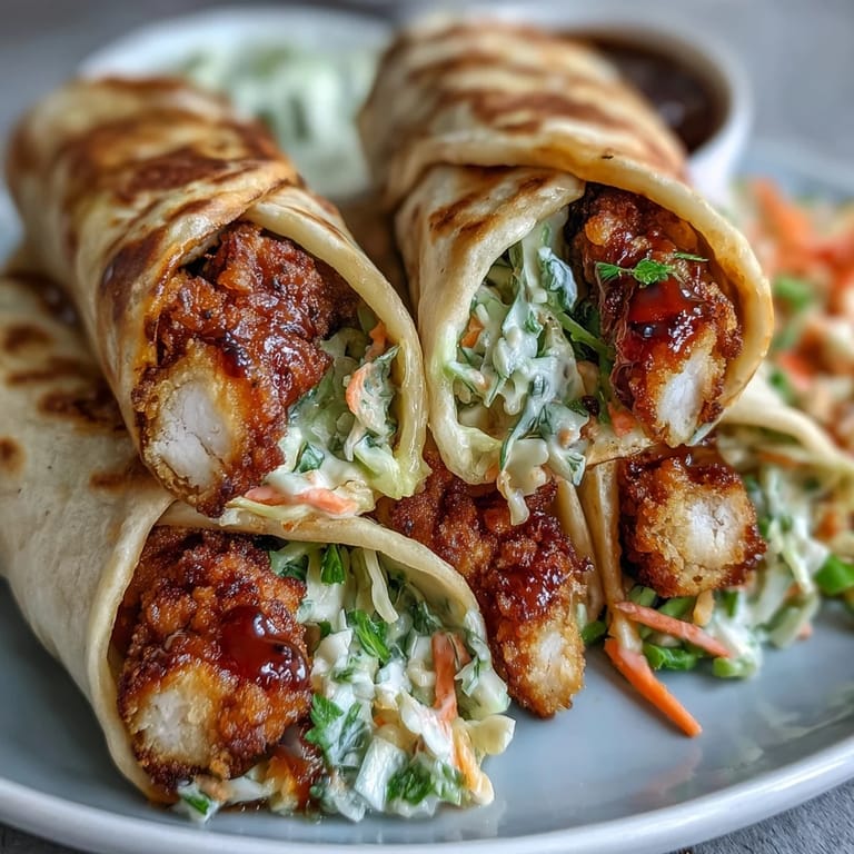 Golden fried turkey strips in soft flour tortillas with creamy sauce, fresh herbs, and a side of tangy slaw.