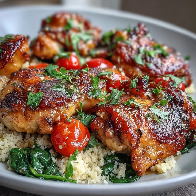 A close look at the one-pan garlic butter chicken couscous shows juicy chicken, plump tomatoes, and herbs on a bed of couscous.