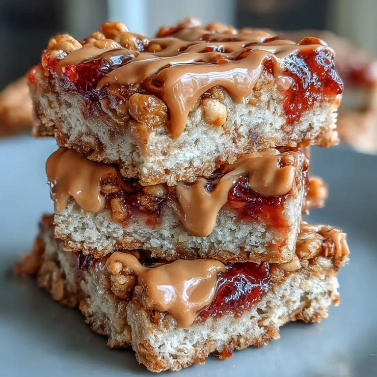 Homemade High-Protein PB&J Rice Krispie Bars arranged on a white plate, perfect for a high-protein dessert or post-workout snack.