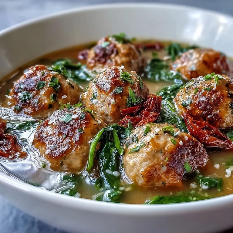 Tender turkey meatballs rest in a creamy garlic Parmesan broth, rich with spinach and bright sun-dried tomatoes.