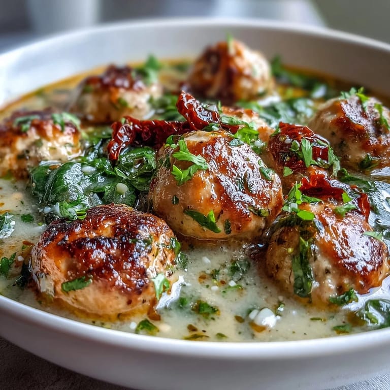 A warm bowl of Creamy Tuscan Turkey Meatball Soup garnished with fresh basil and extra Parmesan, ready to serve.