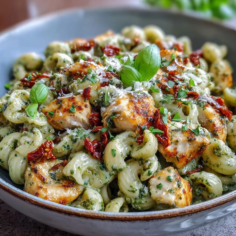 Spoon up a creamy serving of Pesto Chicken Chili Mac, garnished with fresh basil and extra Parmesan for dinner.
