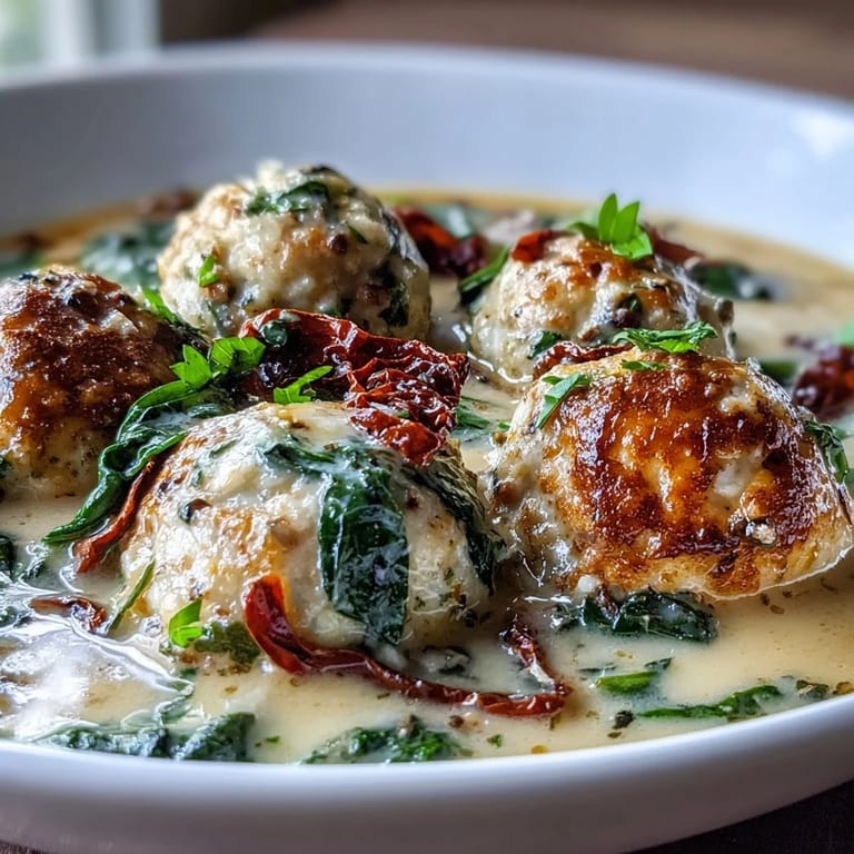 Tender turkey meatballs rest in a creamy garlic Parmesan broth, rich with spinach and bright sun-dried tomatoes.