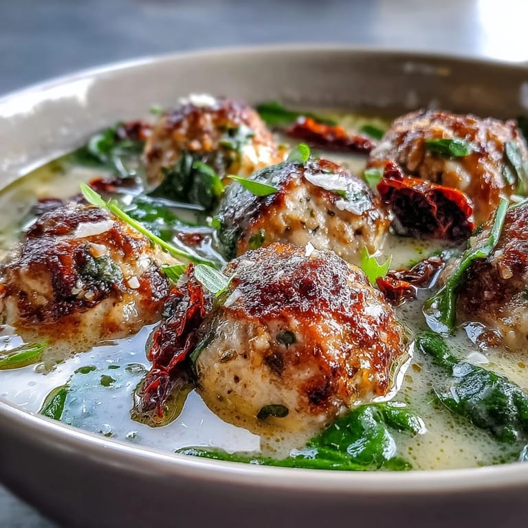A warm bowl of Creamy Tuscan Turkey Meatball Soup garnished with fresh basil and extra Parmesan, ready to serve.