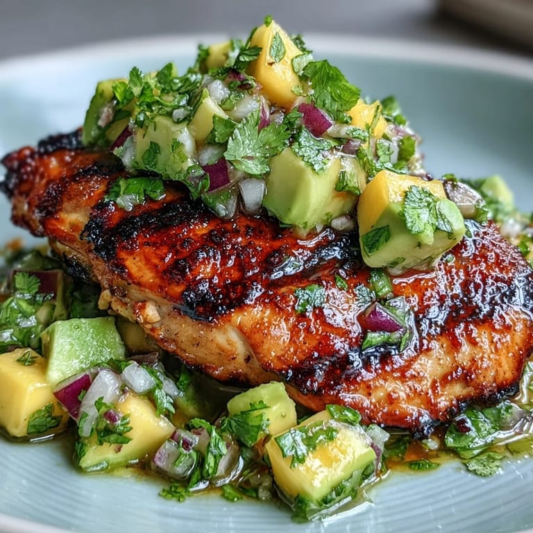 Close-up of grilled chicken topped with a colorful mango avocado salsa, cilantro, and red onions.