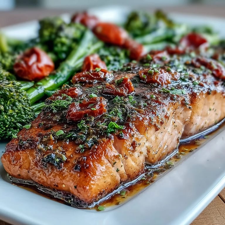 Healthy sheet pan Dijon salmon dinner with flaky fish and colorful roasted vegetables, served with fresh lemon wedges for brightness.  