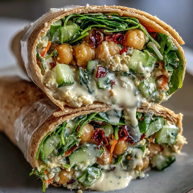 2. Wholesome chickpea wraps layered with crunchy vegetables and zesty lemon-tahini sauce, perfect for a healthy plant-based lunch.