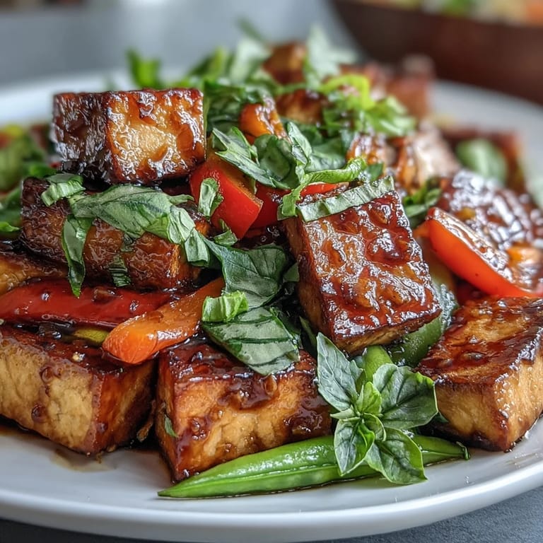 Thai basil tofu stir-fry bursting with crisp veggies, golden tofu, and bold flavors, served hot over fluffy jasmine rice for a satisfying plant-based meal.