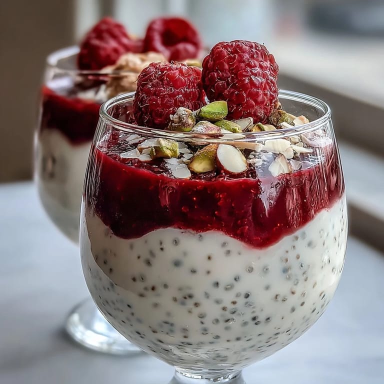 Beautifully layered raspberry and coconut chia parfaits topped with fresh berries, crunchy nuts, and toasted coconut flakes for a healthy, refreshing treat.