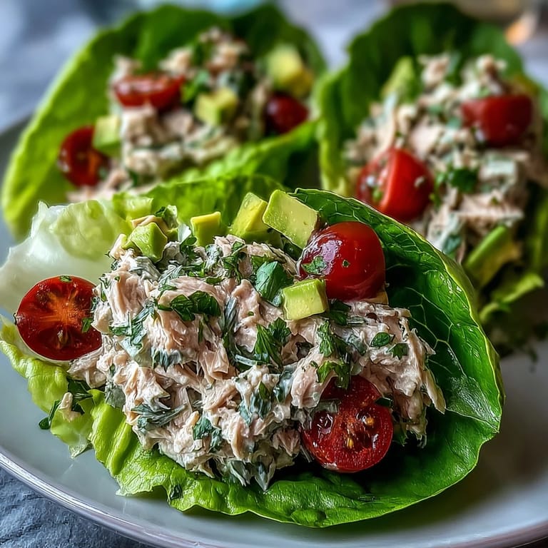 Fresh tuna salad served in crisp lettuce cups, topped with avocado slices and cherry tomatoes.  