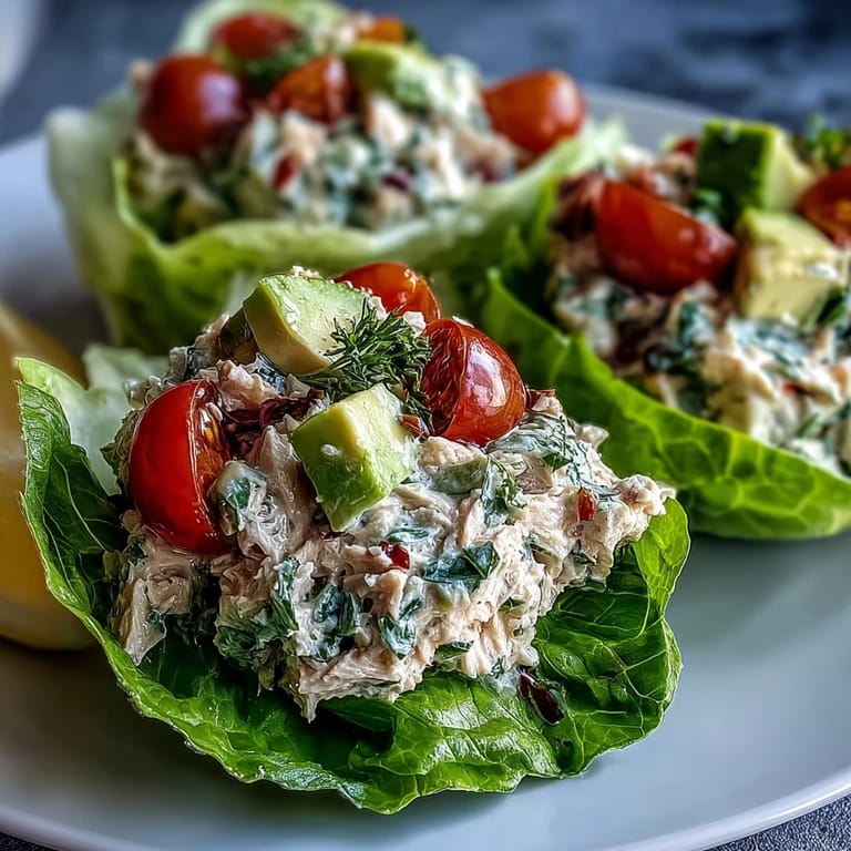 Protein-packed tuna salad lettuce cups garnished with shredded carrots and parsley for a healthy lunch.