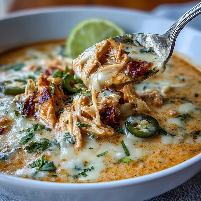 A comforting bowl of Keto Creamy Chicken Enchilada Soup, loaded with tender shredded chicken, bell peppers, and a spicy, creamy broth topped with cheddar.