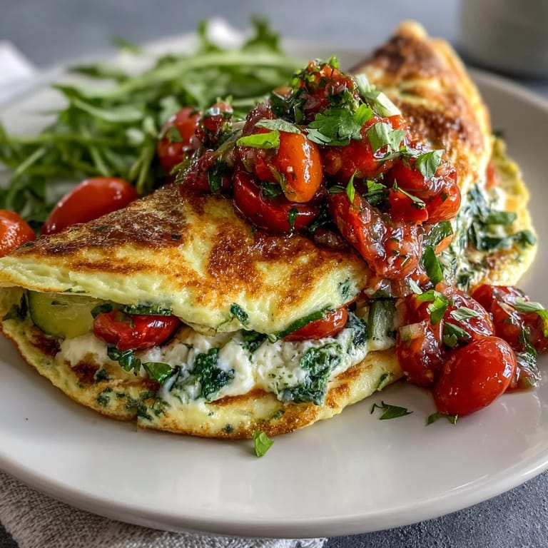 Protein-rich egg white omelette filled with diced zucchini, tomatoes, and onions, finished with a vibrant spoonful of fresh tomato salsa.