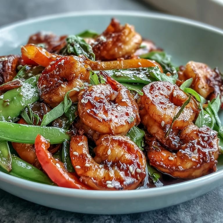 An easy, vibrant stir-fry with tender shrimp, crunchy veggies, and a glossy sauce, served over delicate cauliflower rice.