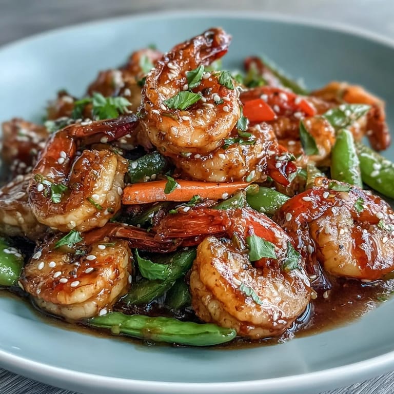 Juicy shrimp and crisp vegetables tossed in a savory sauce, spooned over light cauliflower rice for a low-carb meal.  