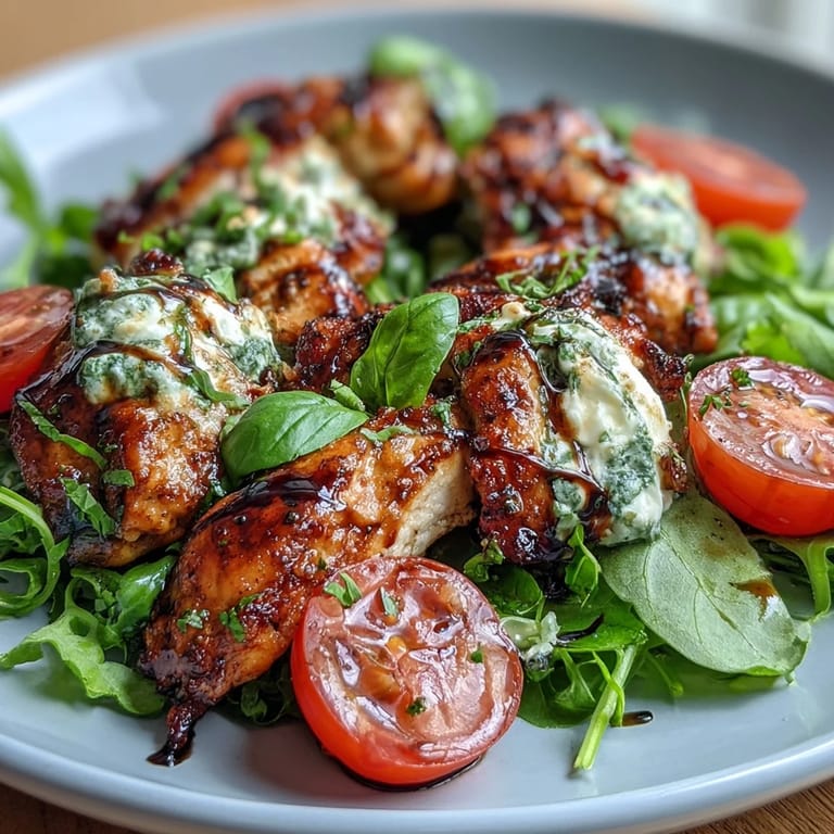 Juicy grilled chicken breast slices served over a colorful Caprese salad with balsamic drizzle and fresh basil leaves.  